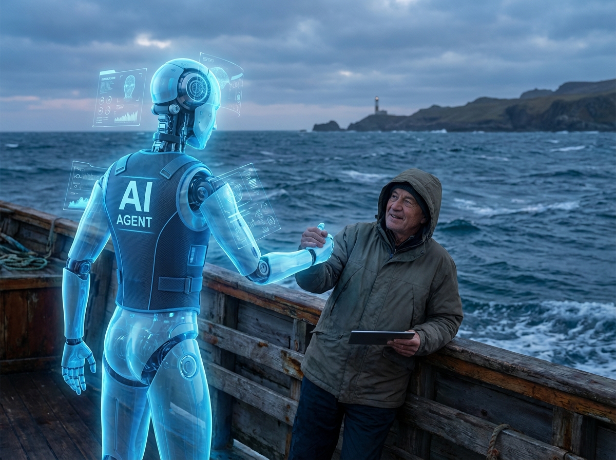AI Agent shaking hands with business owner on the ocean